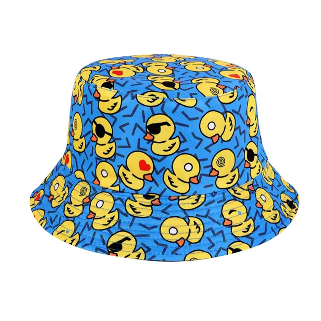 1PC Fashionable Full-Print Duck Casual Bucket Hat Cartoon Print Pattern Bucket Hat Reversible Foldable Lightweight Flat-Top Hat