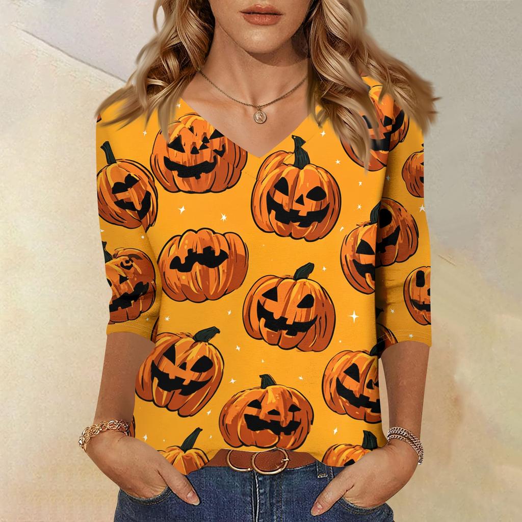 Women's Fashion Casual Halloween Print V Neck Three Quarter Sleeve Top Lightweight Comfortable Fit Stylish Design