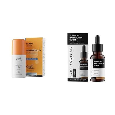 Chemist at Play Roll-on proti pocení podpaží s 5% AHA, kyselinou mléčnou a 1% kyselinou mandlovou 40 ml a Bare Anatomy Pokročilé sérum pro růst vlasů 30 ml
