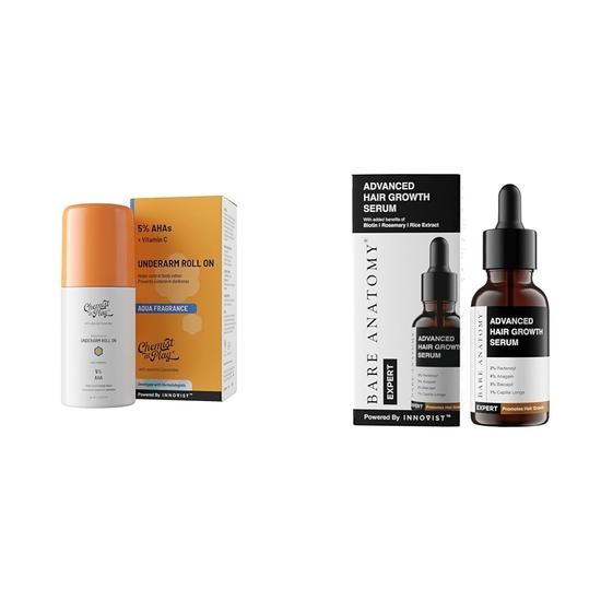 

Chemist at Play Шариковый дезодорант для подмышек с 5% AHA, молочной кислотой и 1% миндальной кислотой 40 мл и Bare Anatomy Передовая сыворотка для роста волос 30 мл