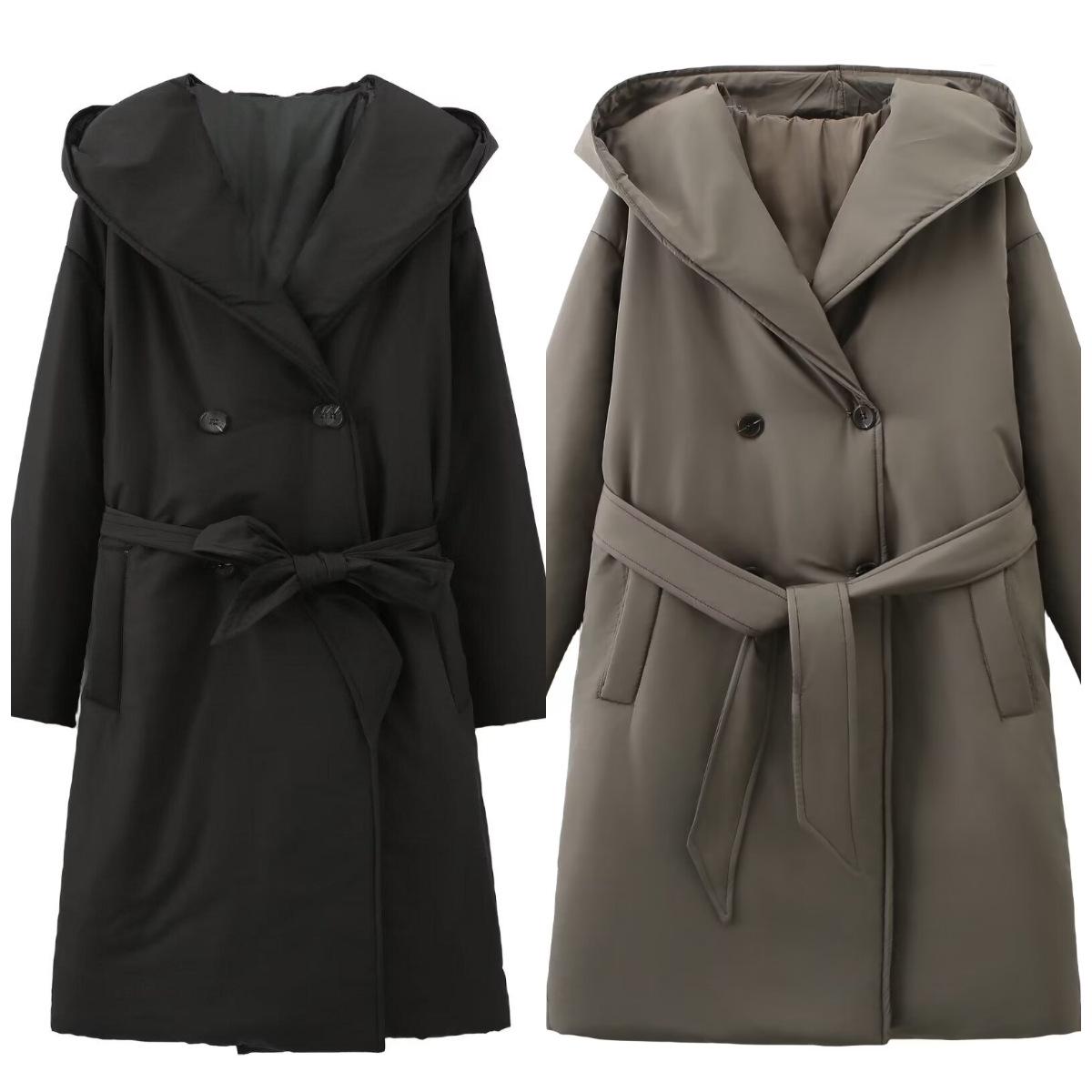 

European & American Women s Fashion: 2024 Autumn/Winter Belted Long Hooded Cotton Coat (23169) M коричневий