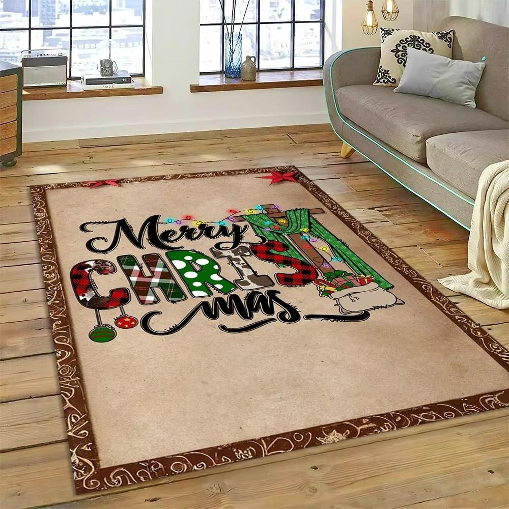 3D Fröhlicher Weihnachtsbaum Weihnachtsmann Cartoon Bereichsteppich Groß, Teppich für Zuhause Wohnzimmer Sofa Fußmatte Dekor, Kinder Rutschfeste Bodenmatte