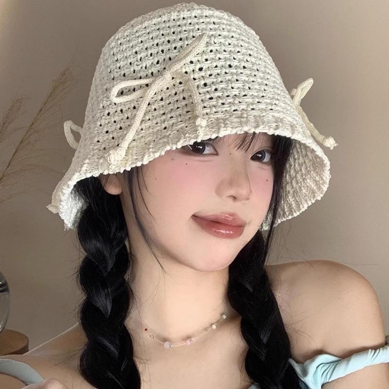 Bow bucket hat women's new spring and summer breathable sunscreen bucket hat show face small hat