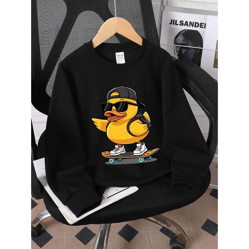 European sizes Crewneck Sweatshirt for Kids Featuring a Skateboard Duck Design, Suitable for Urban Style.Perfect for Both Sports And Casual Wear.