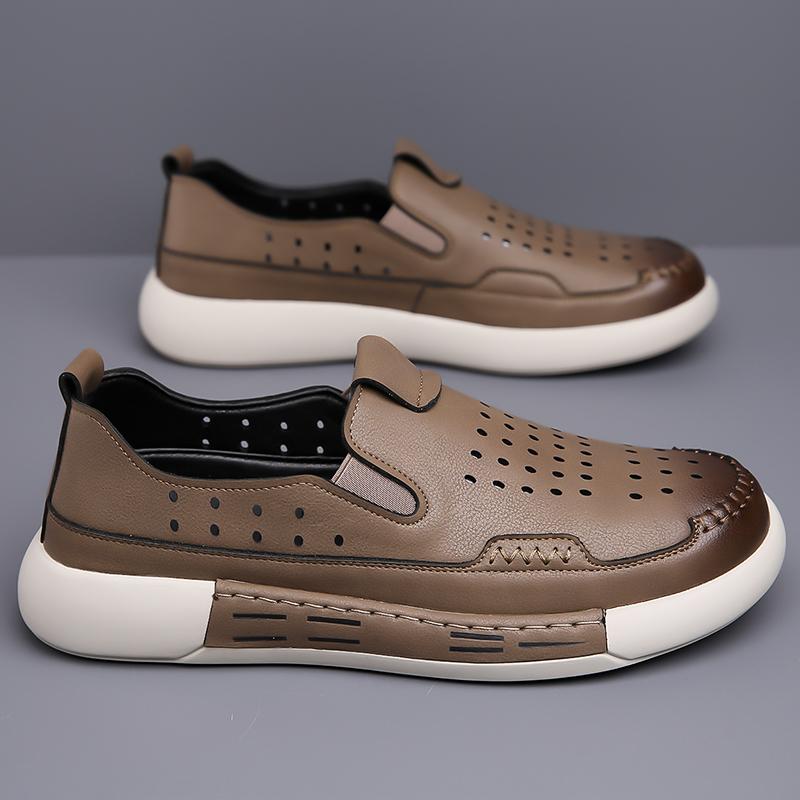 Summer New Designer Hollow Breathable Leather Brown Yellowish-Brown Casual Shoes For Men Sandal Loafter Business Dress Footwear
