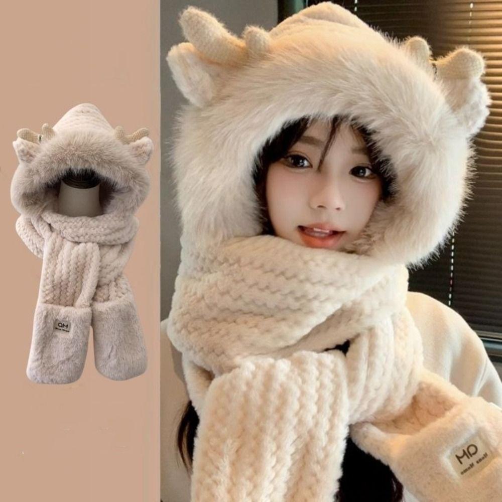 Ear Protection Bear Deer Ears Hat Soft Plush Integrated Cap Scarf Cartoon Winter Hat  Women