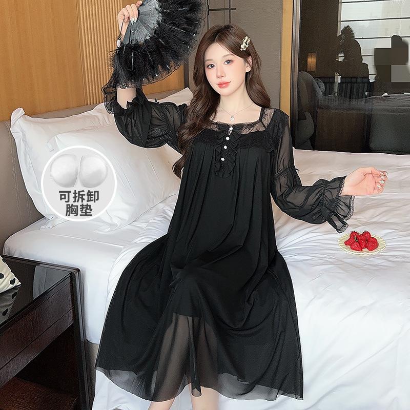 Ling Lei Chunqiu Solid Color Square Neck Lace Long Sleeve Mesh Court Princess Style Medium Long Pajamas Pajamas Homewear