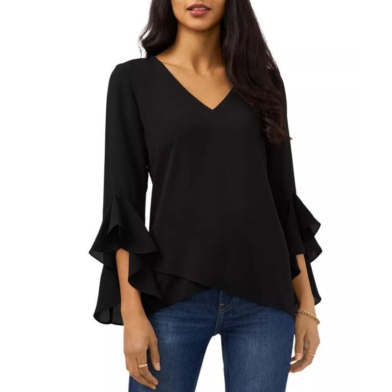 Women Casual Solid Color V Neck Flared 3 4 Sleeve Regular Fit Blouse S чёрный
