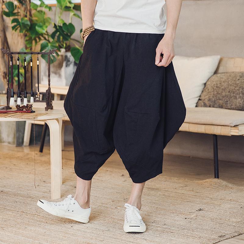 2018 Summer Men's Cotton Linen Casual Pants, Nine-Point Style, Plus Size, Low Drop Crotch