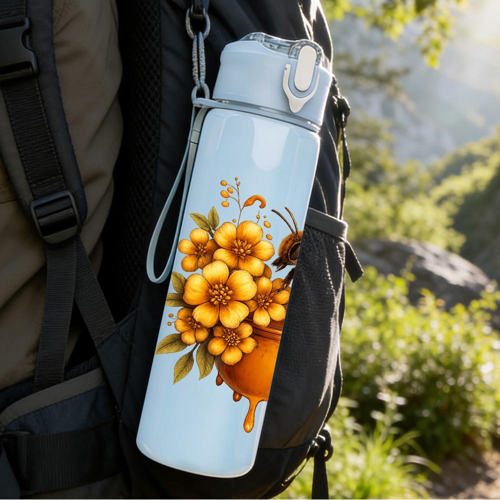 1PC Bee Sunflower Floral Print 750ml Color Plastic Sports Water Bottle Leakproof Flip Straw Lid Suitable for Sports Office Home Use