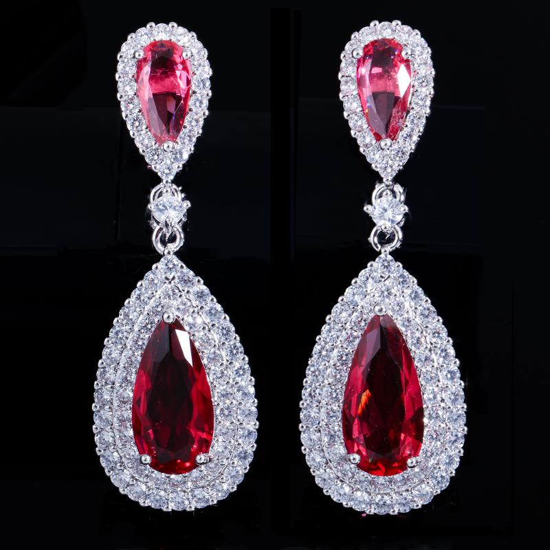 

Сережки WWJ класичного дизайну біло-золотистого кольору з кубічним цирконієм для наречених рубіновий