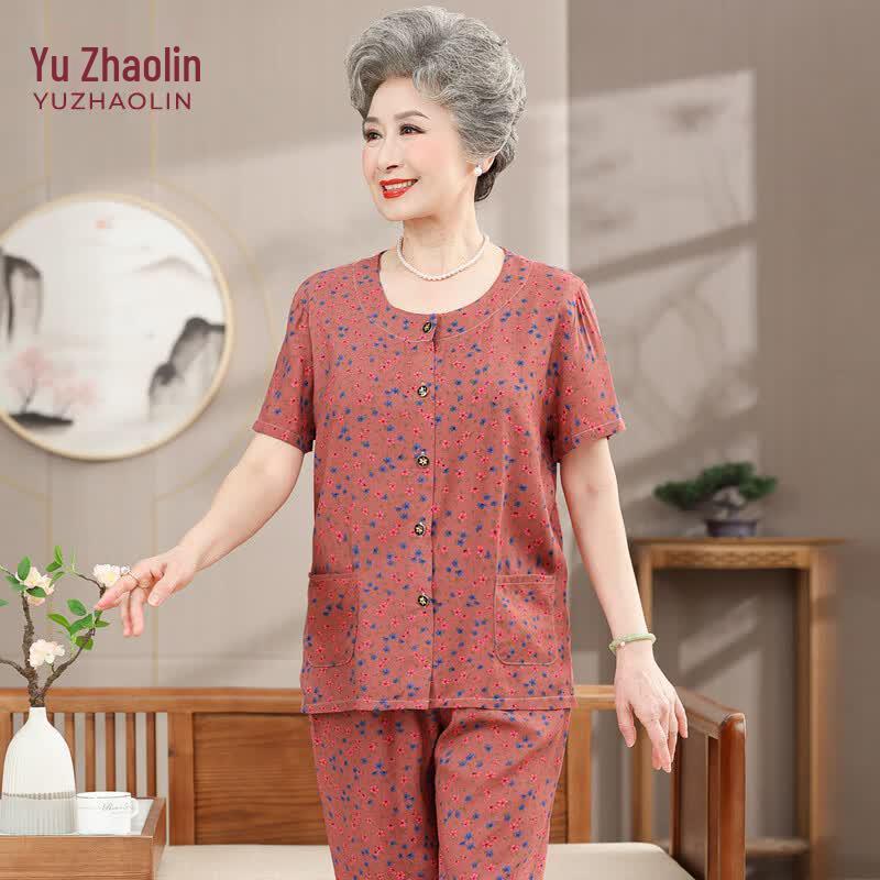 YUZHAOLIN Elderly Women s Summer Short Sleeve Loungewear Set 2XL