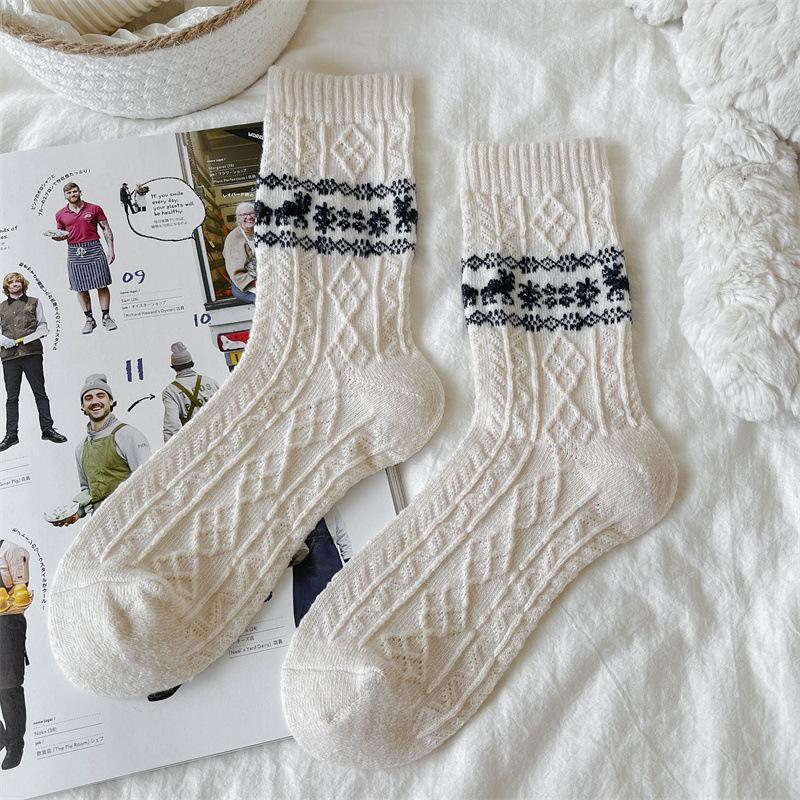 Wool Socks for Women, Mid-calf Socks for Autumn and Winter, Thickened Cashmere for Warmth, Christmas Snowflake Reindeer Long Calf Socks