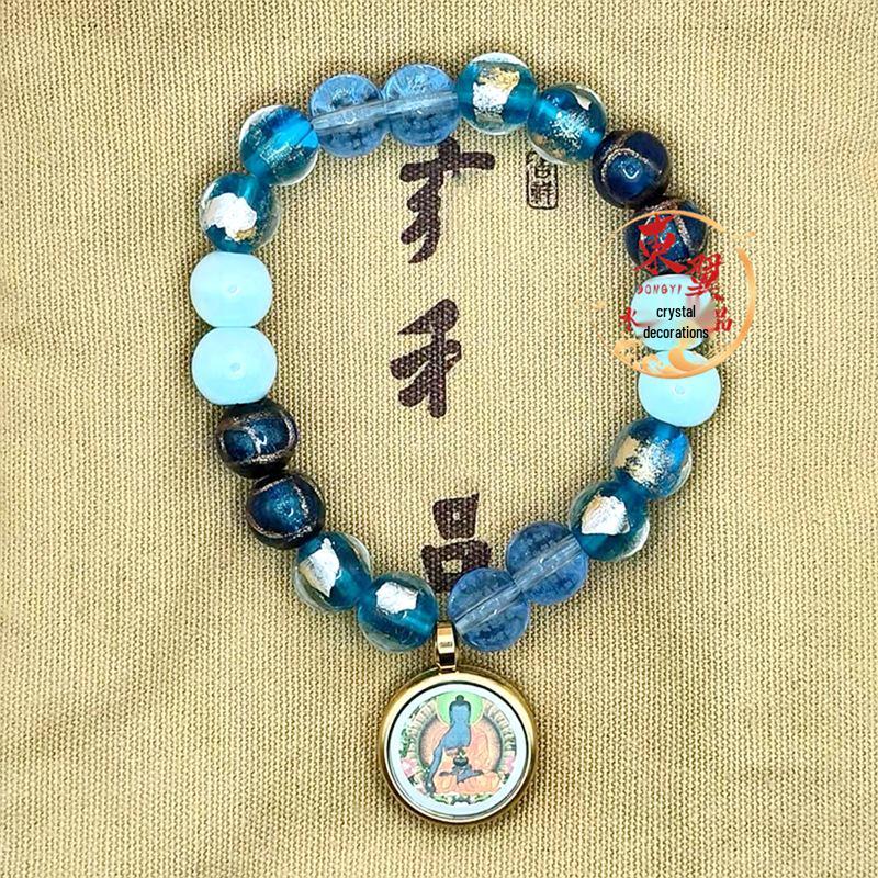 Blue Medicine Master Thangka Ceramic Bead Bracelet in Ash Glaze with Gold Foil and Colorful Panjiayuan Design