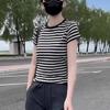 Hong Kong Style Chic Striped Cotton Slimming Tee - Women's Versatile Summer Short-Sleeve Top