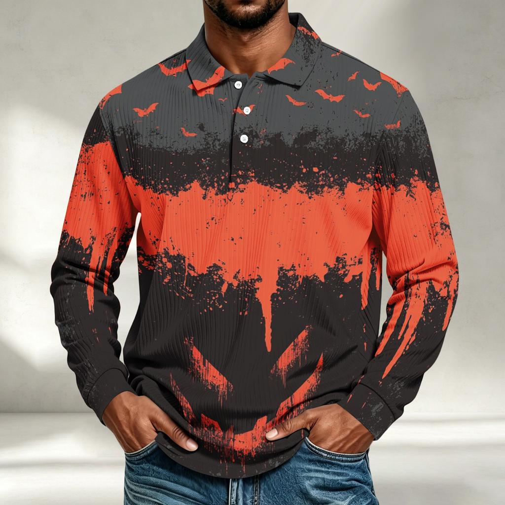 Men's Casual Loose Fit Long Sleeve Shirt with Halloween Print