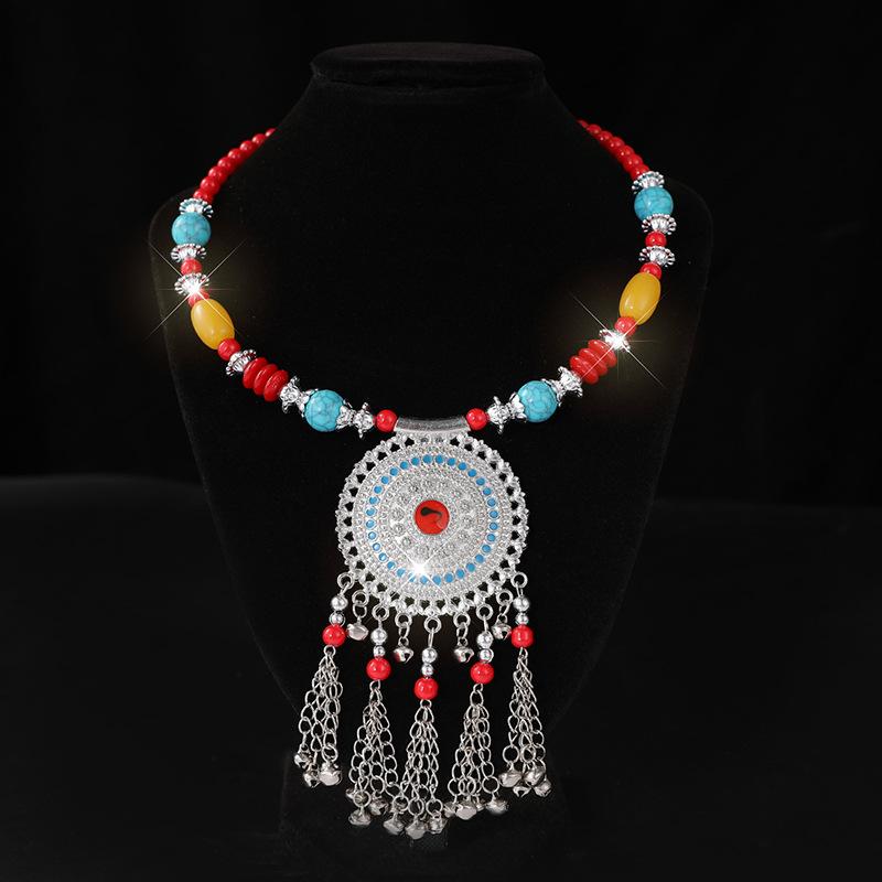 Retro Yunnan Ethnic Style Collar Women's Handmade Imitation Miao Silver Beaded Exaggerated Necklace Set Chain Stall Necklace