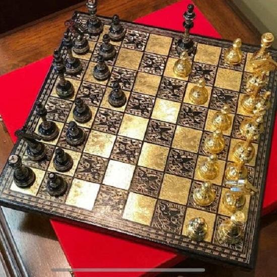 

35,56 см Черно-золотой Советский стиль Латунь Металл Роскошные Шахматные Фигуры Набор с Доской