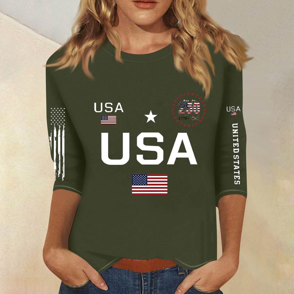 3/4 Sleeve Tops For Women T-Shirt Casual  Print Tops T Shirt Round Neck Pullover Blouse