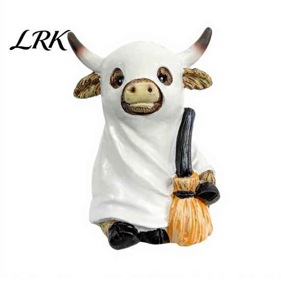 Whimsical Halloween Table Decor Highland Cow Statue Decor, Funny Resin Ghost Figurine for Home Mantel Decorations Office Tiered Tray Desk Shelf