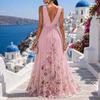 Women Sleeveless V Neck Chiffon Dress with Fitted Waist and Gradient Floral Print Flared Hem for Vacation or Casual Occasions