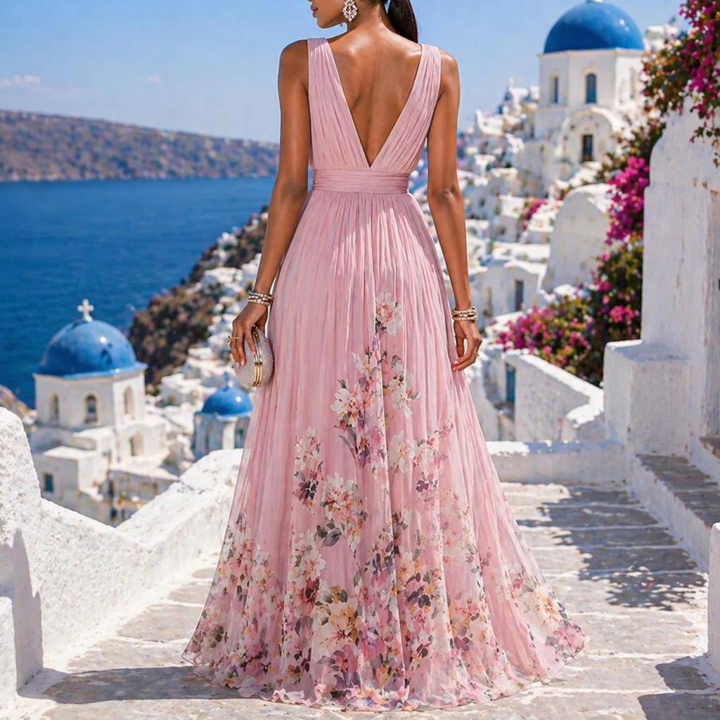 Women Sleeveless V Neck Chiffon Dress with Fitted Waist and Gradient Floral Print Flared Hem for Vacation or Casual Occasions