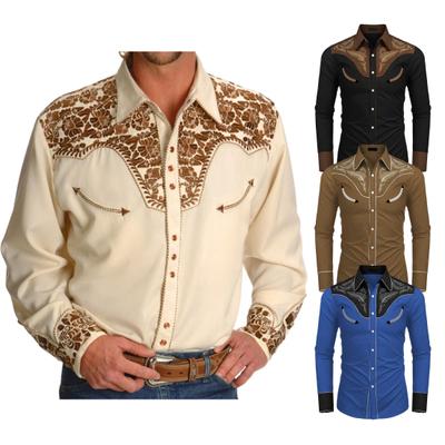 Men Spring Fall Shirt Loose Vintage Ethnic Style Print Color Matching Long Sleeve Lapel Single-breasted Mid Length Cardigan Men Top