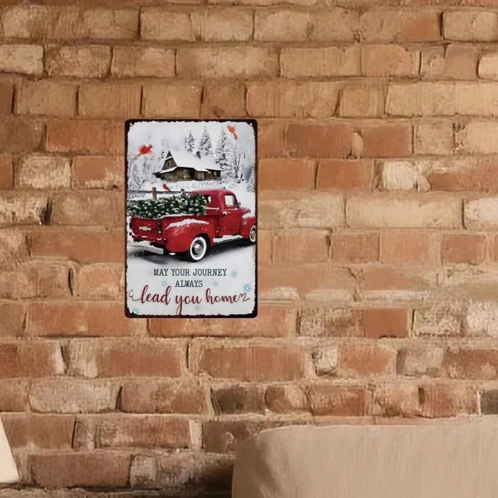 Retro Red Truck Christmas Tin Sign Vintage Farmhouse Wall Art Rustic Metal Decor Kitchen Bar Home Holiday