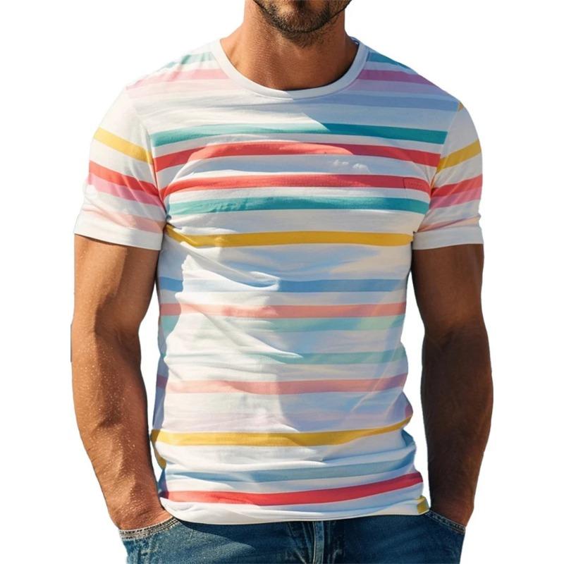 Summer Round Neck Retro Stripe Graphic 3D Print Top Fashionable Casual Short Sleeved Men's T-shirts