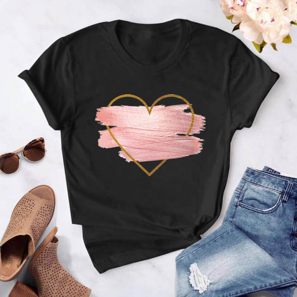 Damen Damen Casual Basis O-Ausschnitt weißes Hemd Kurzarm Damen T-Shirt Liebe Grafikdruck