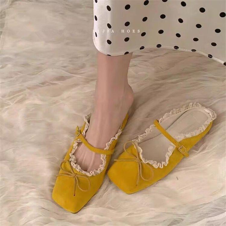 Lace Lace-up Bow Bag Head Slippers Women's Outer Wear 2025 Spring and Summer Square Head Flat Soft-soled Single Shoes Mary Jane Half-tow