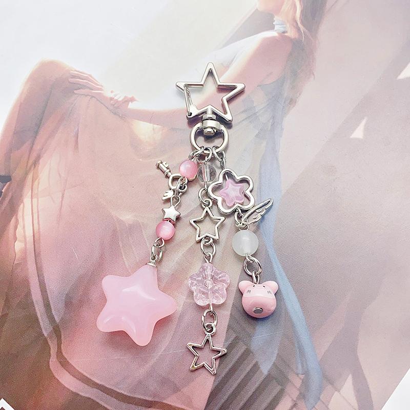 Cute Star Beaded Keychain Pendant For Women Girls Mobile Phone Lanyard Exquisite Backpack Decoration Accessories Gifts
