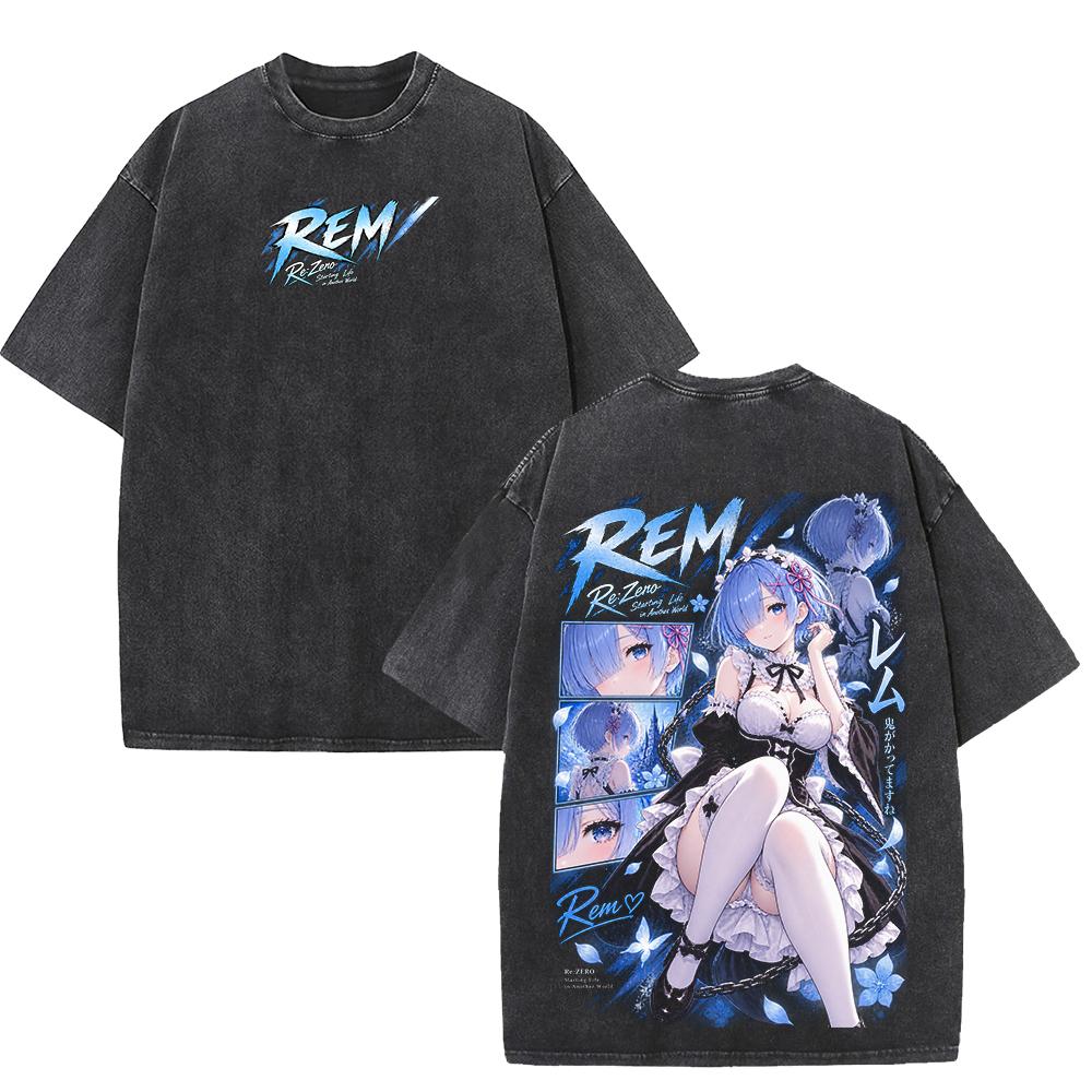 Rem Re:Zero Anime Retro T Shirt Fashion Manga Vintage Washed Streetwear Harajuku Oversized 100% Cotton T-shirt Men Women Tee Top