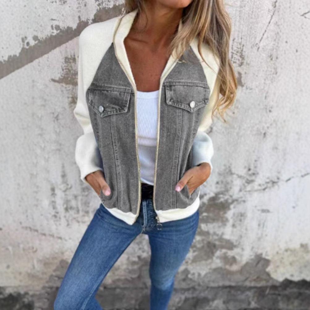 Denim Patchwork Knit Cardigan with Zipper Closure, Multiple Color Options