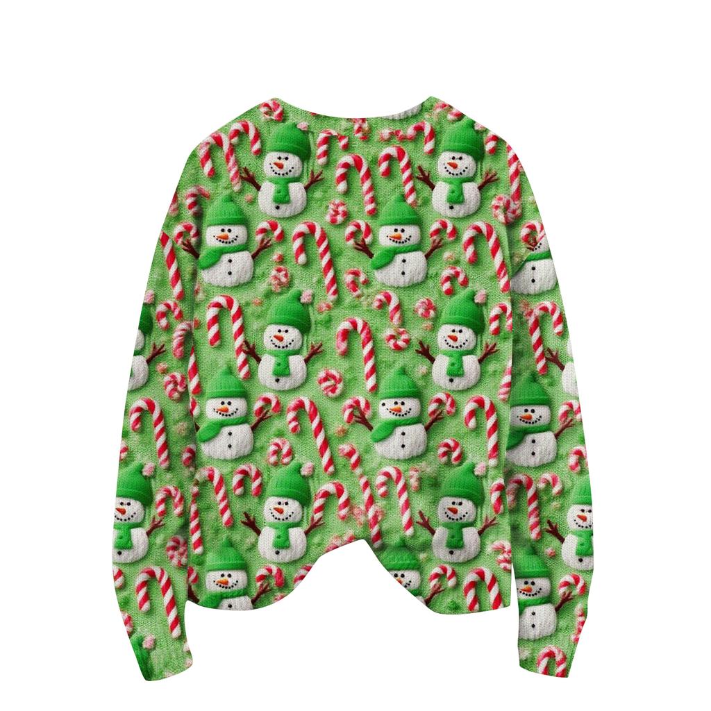 Women's Christmas Print Cardigan Long Sleeve Round Neck Knit Top