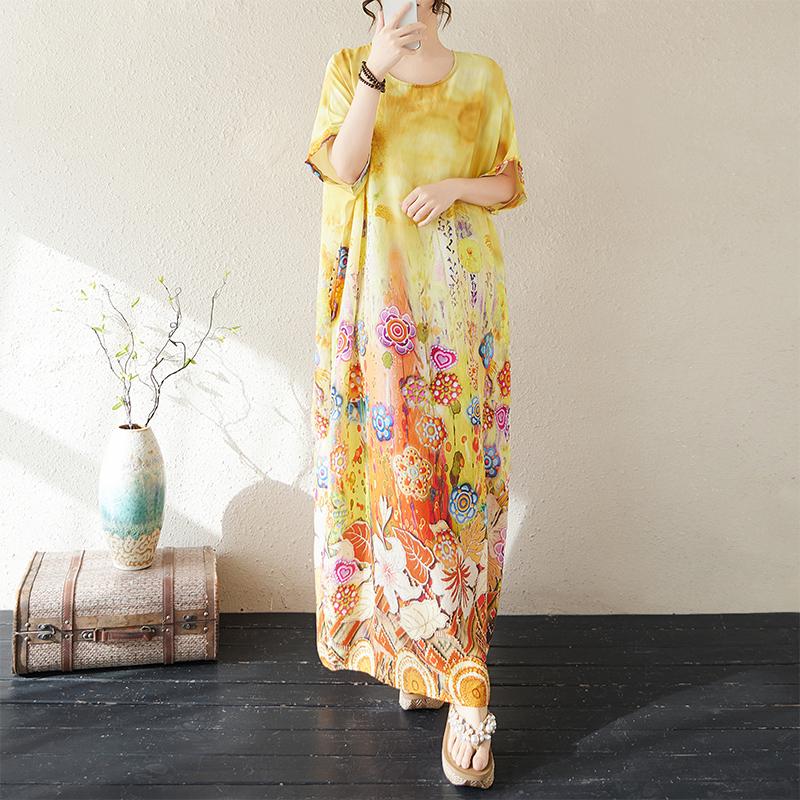 DIMANAF 2025 Summer Women Plus Size Dress Basic Casual Dress Loose Vintage Floral Printing Long Beach Dress