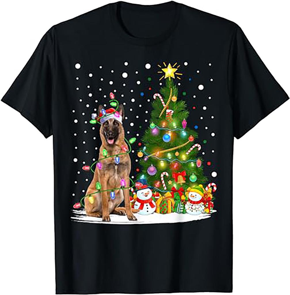 Lighting Xmas Tree Santa Belgian Malinois Dog Christmas T-Shirt
