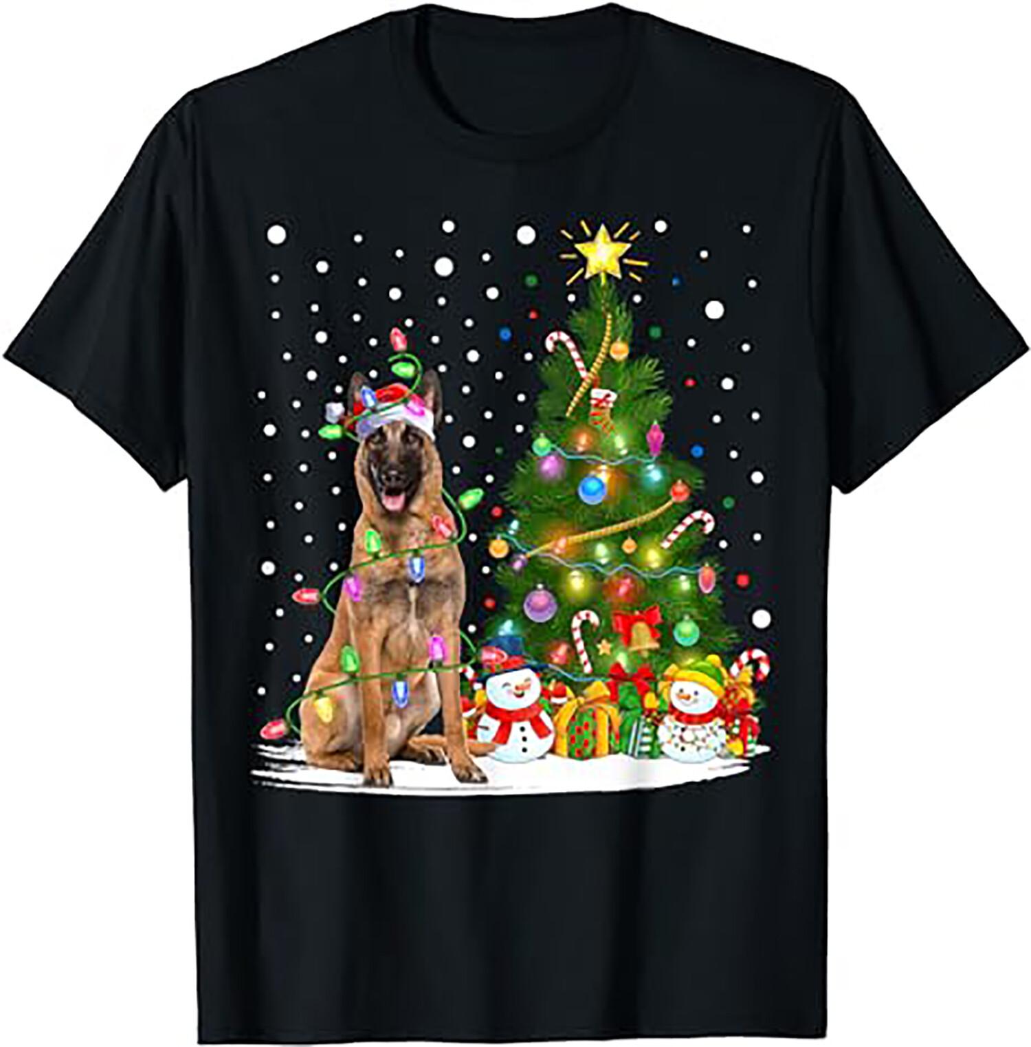 Lighting Xmas Tree Santa Belgian Malinois Dog Christmas T-Shirt L