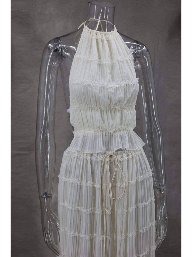 2024 Spring/Summer European & American Fashion Backless Halter Lace Ruffle Maxi Dress Set