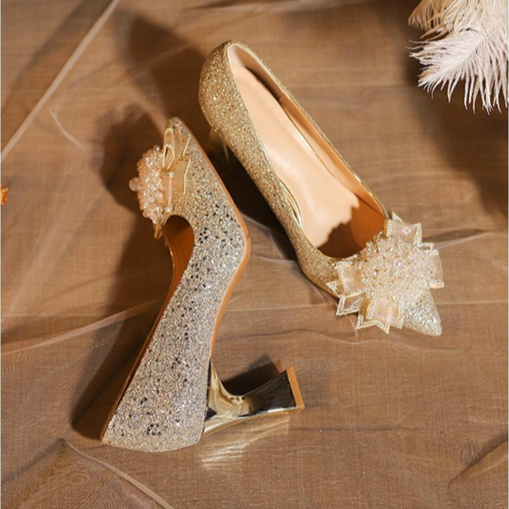 Crystal Wedding Shoes Womens New Xiuhe Main Wedding Dress Two Wear Bridesmaids High Heels Bridal Shoes Large Size Plus Fat Pumps