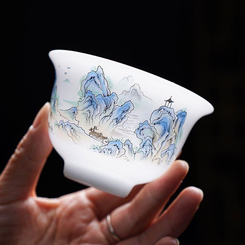 „Set de ceai Gaiwan din porțelan jad Jingdezhen cu capac planant și farfurioară – Ceașcă de ceai Kung Fu chinezesc tradițional”