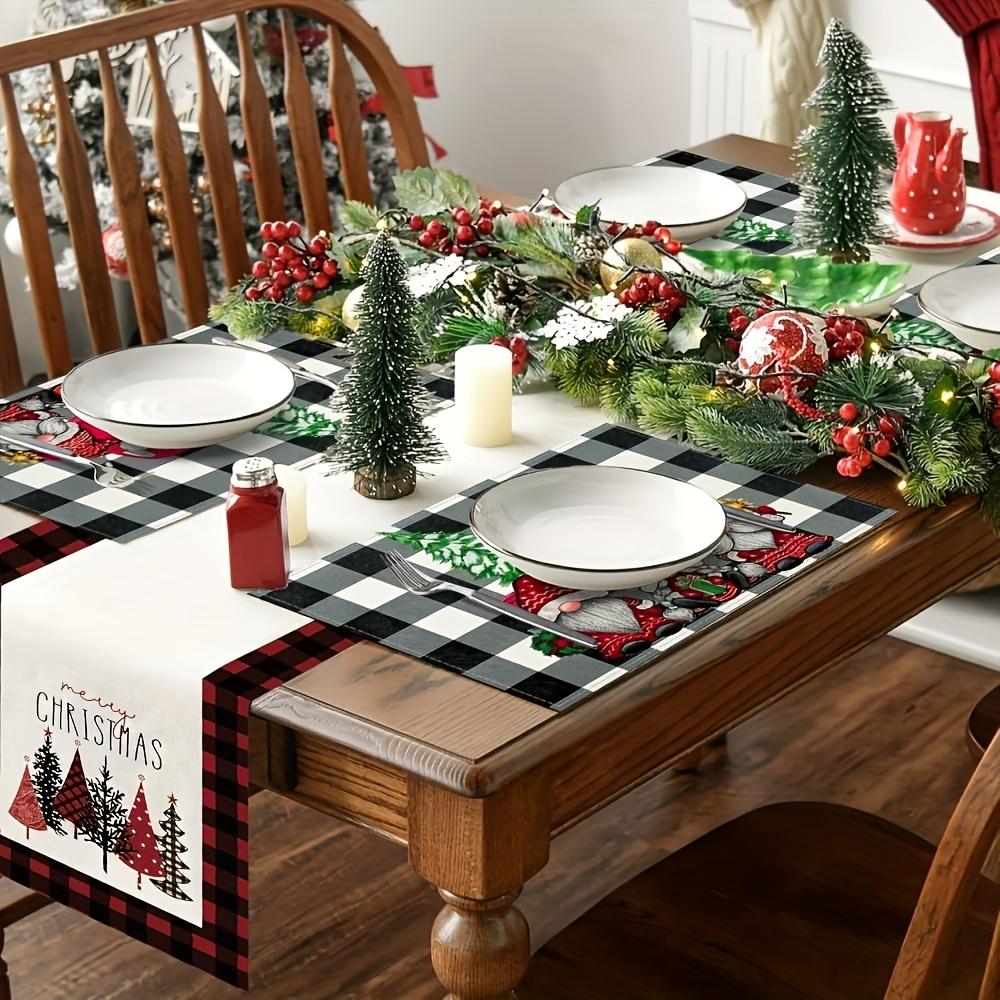 4pcs Christmas Placemats 12x18 Inches, Christmas Gnome Black and White Plaid Pattern Linen Placemats, Suitable for Holiday Dining and Kitchen Table