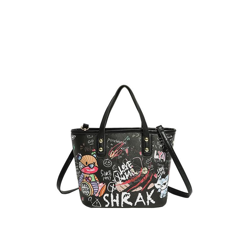 Große Eimer-Tasche aus PU für Damen mit Cartoon-Graffiti-Design, lässiger Streetstyle