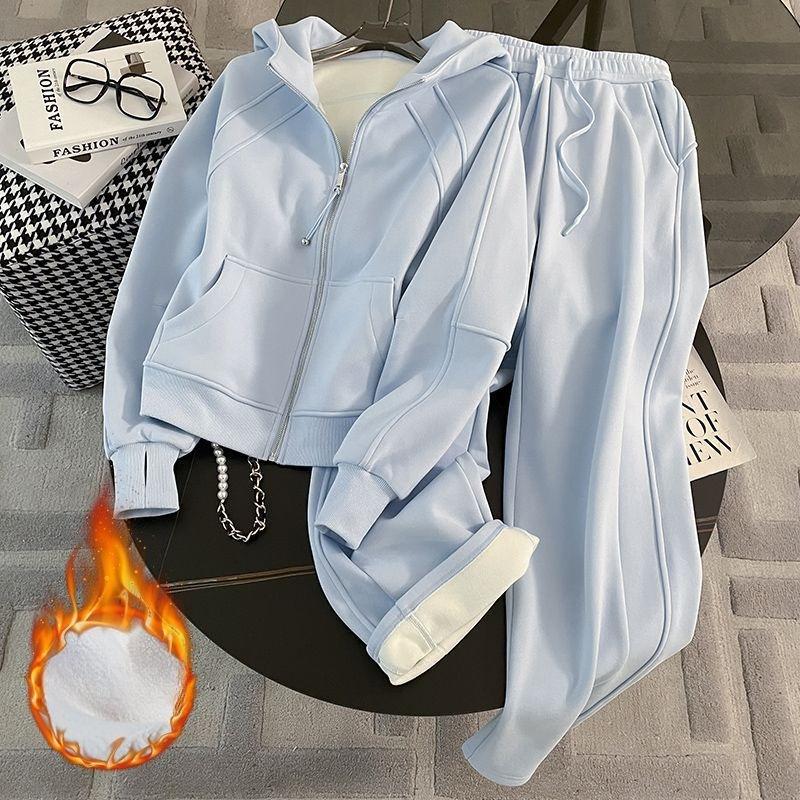 Женский повседневный спортивный костюм Осень-Зима Велюровый Утепленный Синий Худи Широкие Штаны Комплект из двух предметов S