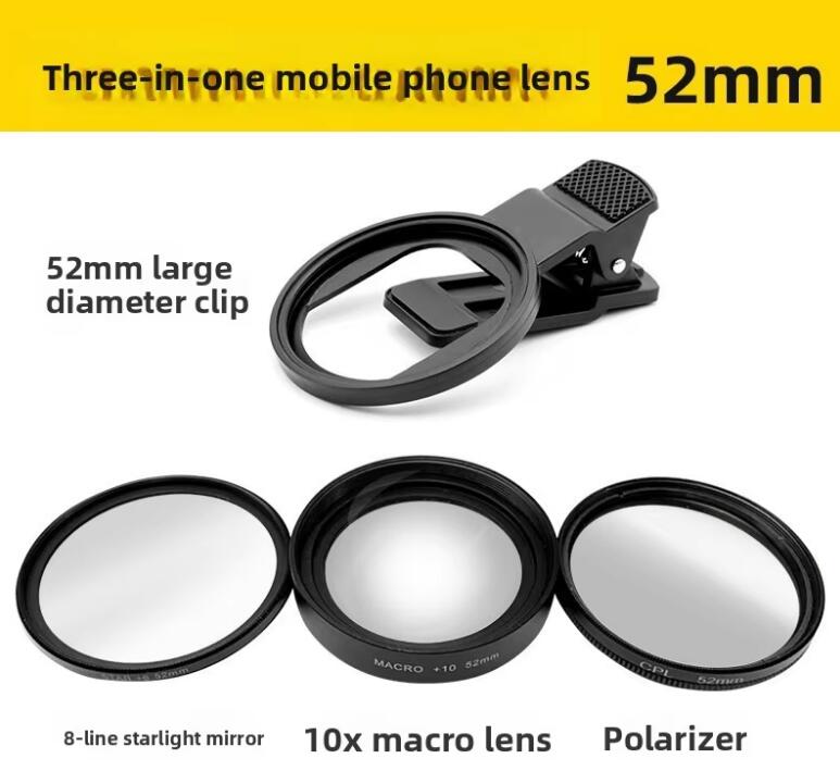 52mm Smartphone Use Camera Lens 3-In-1 Set Macro 10X Filter 8 Star Lines CPL Polarizing Filters чёрный
