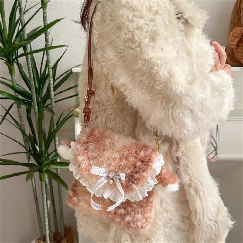 

Lolita Plush Handbag Women s Mori Cute Deer Spotted Shoulder Bag Lace Bow Decoration Brown Furry Fluffy Women s Crossbody Bag