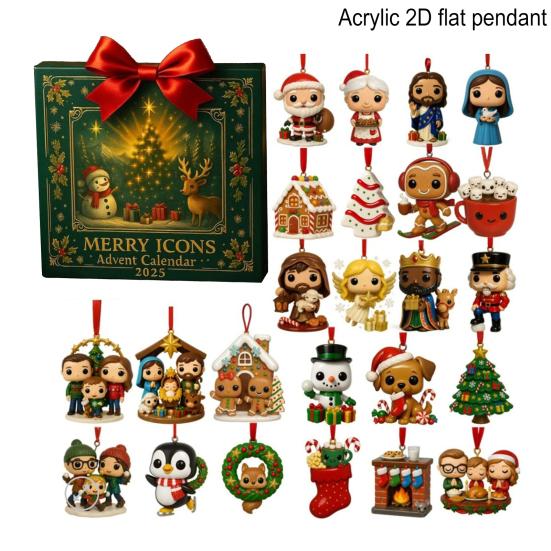 Limited Edition Advent Calendar 2025 24-Day Countdown Christmas Tree Pendant with Merry Christmas Icons Festive Ornaments