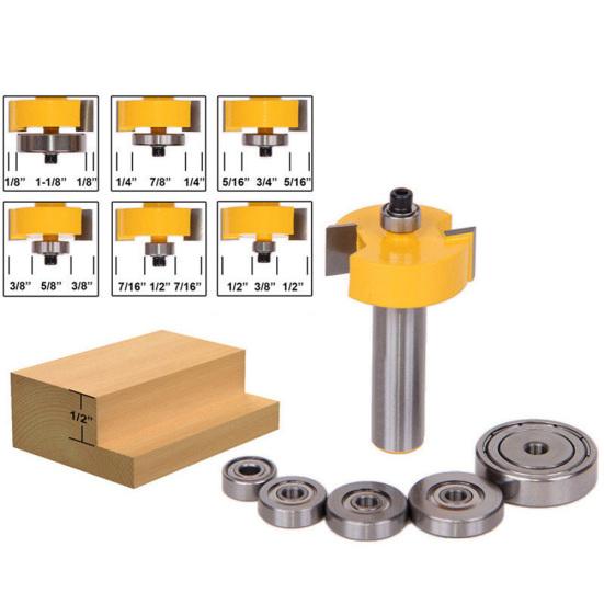 1Pc Rabbet Router Bit + 6Pcs Bearing Set Cutter Tenon Woodworking Carpentry Tool