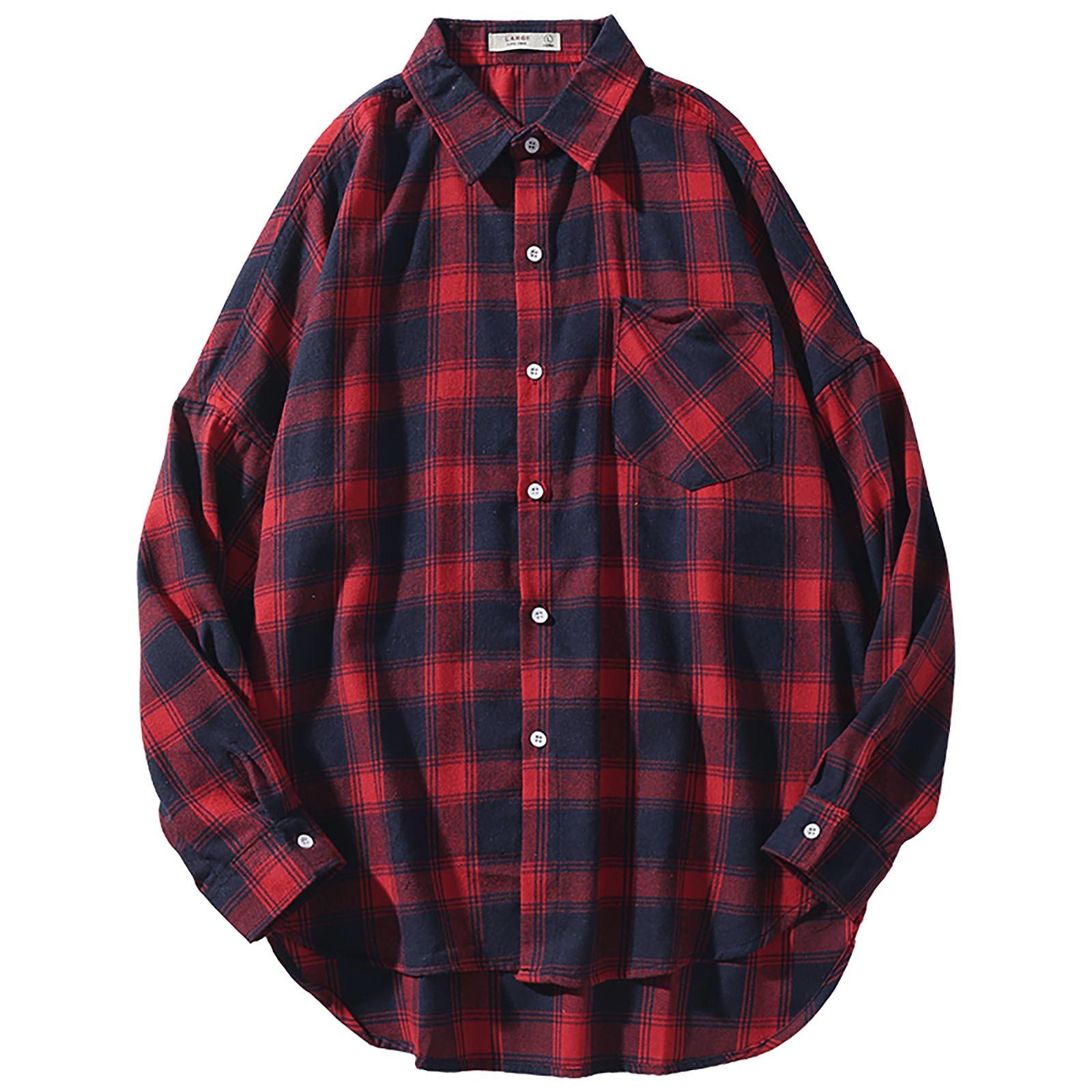

Men s Casual Fashion Plaid Printing Loose Lapel Long Sleeve Shirt Tops Blouse XL червоний