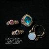 Lychee Frozen White Chalcedony Honeycomb Gemstone Ring Vintage Plated 18K Gold, Iris Purple Large Carat Zircon Ring
